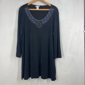 Chico’s Travelers Women Tunic Blouse/ Top Beads 3/4 Sleeve Size 3 Black USA Made